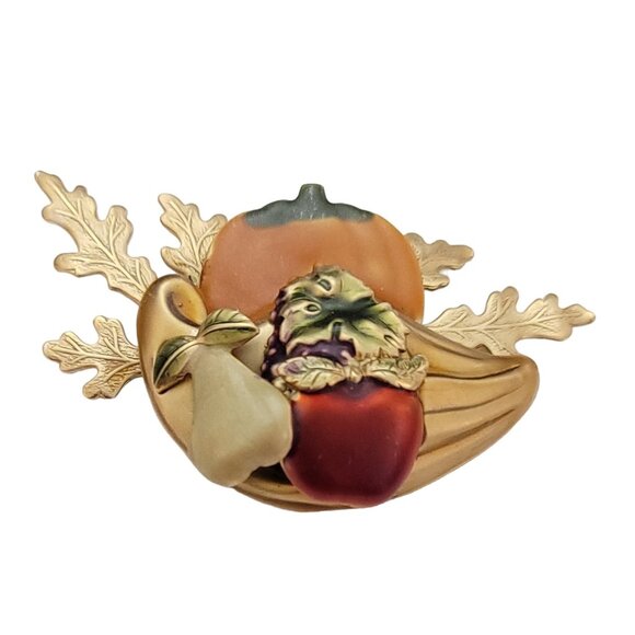 Gold Tone Red Orange Enamel Cornucopia Autumn Pumpkin Leaf Pin Brooch K121 - Picture 1 of 9
